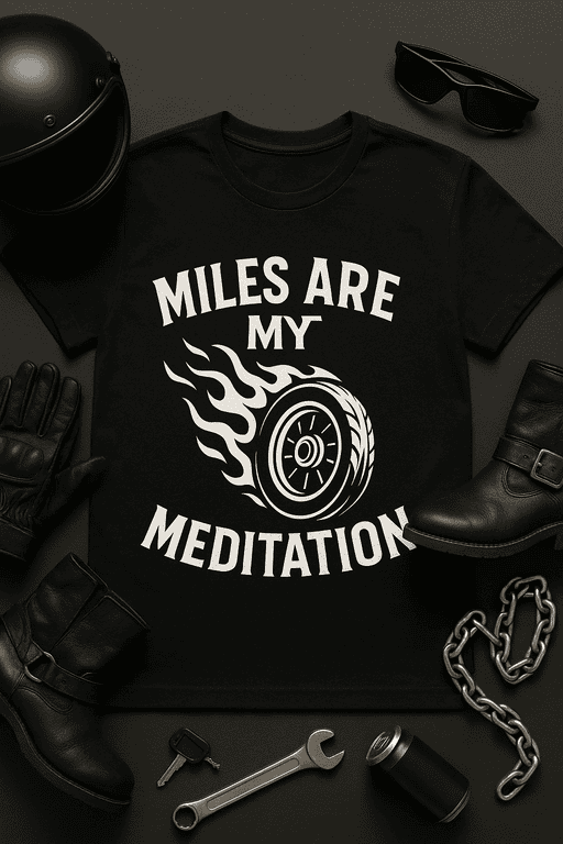 Motorsport-themed T-shirt with "Miles Are My Meditation" slogan and wheel graphic.