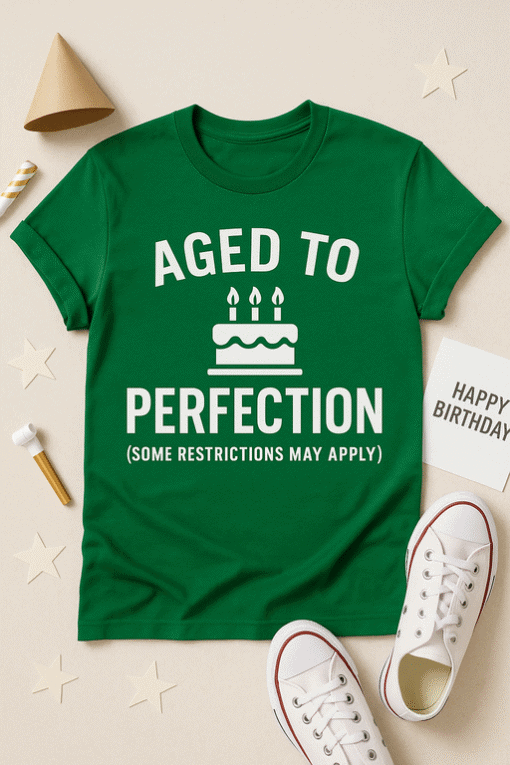 Aged to Perfection birthday T-shirt with cake graphic, fun party attire for milestone celebrations.