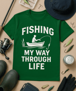 Fishing T-shirt with fishing rod graphic, fishing gear, and casual outdoor accessories.