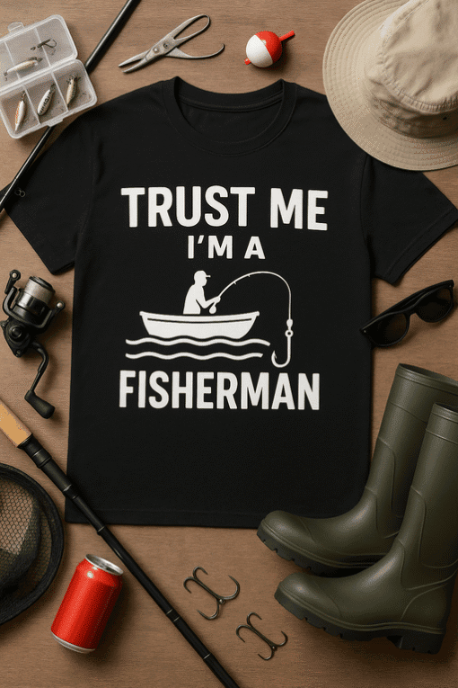 Fishing T-shirt with "Trust Me I'm a Fisherman" graphic for fishing enthusiasts. Perfect casual wear for fishermen.