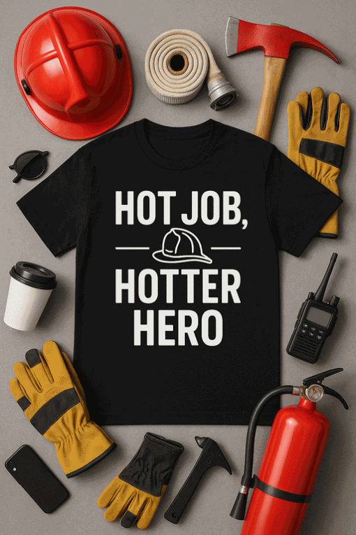 Red fire helmet, fire axe, gloves, walkie-talkie, and firefighter uniform tools surrounding a black T-shirt with "Hot Job, Hotter Hero" printed.