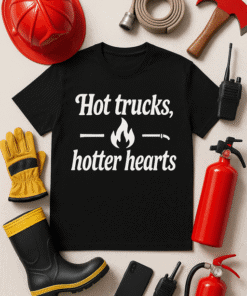 Red fire helmet and firefighting tools surrounding black T-shirt with "Hot trucks, hotter hearts" text.