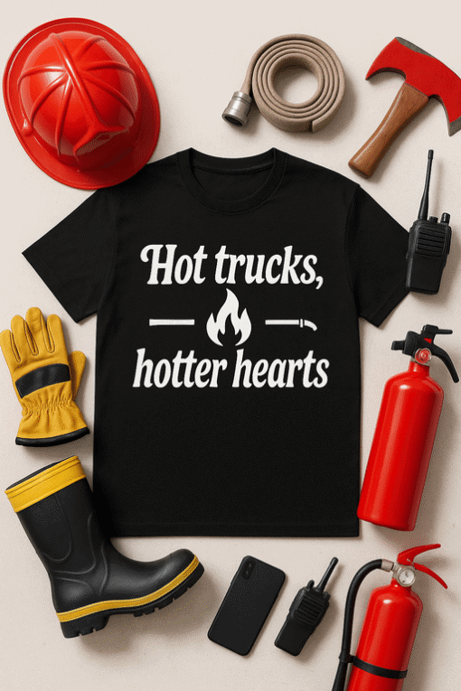Red fire helmet and firefighting tools surrounding black T-shirt with "Hot trucks, hotter hearts" text.