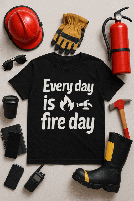 Red firefighter helmet, gloves, fire extinguisher, and safety boots surrounding a black T-shirt with fire-themed quote.