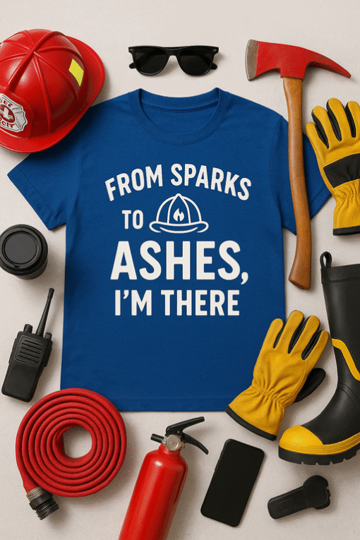 Firefighter t-shirt with flames and helmet graphic, perfect for emergency service uniform and gift ideas.