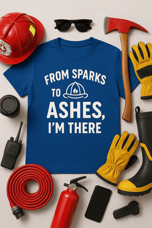Firefighter t-shirt with flames and helmet graphic, perfect for emergency service uniform and gift ideas.