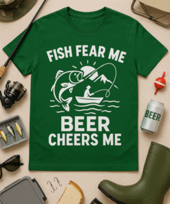 Fish fear me beer cheers me graphic T-shirt for fishing and beer lovers, funny casual apparel for outdoor activities.