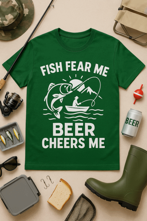 Fish fear me beer cheers me graphic T-shirt for fishing and beer lovers, funny casual apparel for outdoor activities.