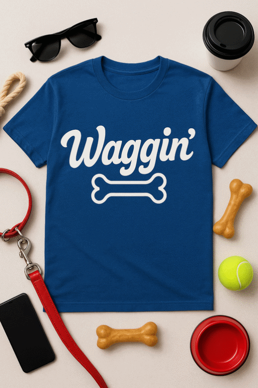 1. Funny blue T-shirt with "Waggin'" text and bone graphic for dog lover humor.