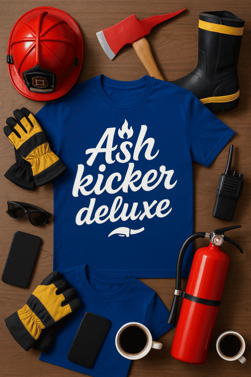 Firefighter t-shirt with "Ash Kicker Deluxe" text on blue background. Fire safety gear with helmets, gloves, and fire extinguisher.