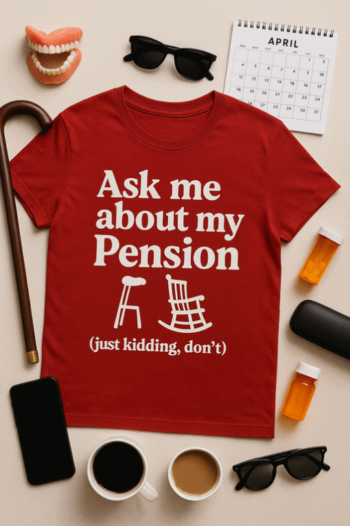 Ask me about my Pension humorous T-shirt, retirement joke tee, funny senior humor shirt.