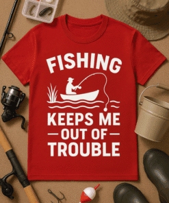 Fishing T-shirt for outdoor enthusiasts, humorous fishing keeps me out of trouble graphic design.