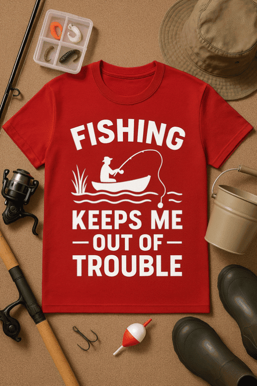 Fishing T-shirt for outdoor enthusiasts, humorous fishing keeps me out of trouble graphic design.