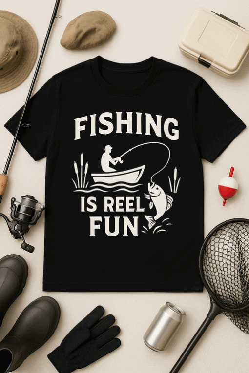 Fishing shirt with humorous quote about fishing being fun and relaxing, perfect for fishing enthusiasts and outdoor lovers.