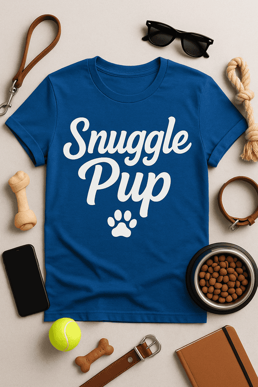 Cozy blue T-shirt with "Snuggle Pup" paw print perfect for pet lovers.