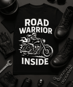 Motorcycle Road Warrior T-shirt, biker lifestyle, rebellious fashion.