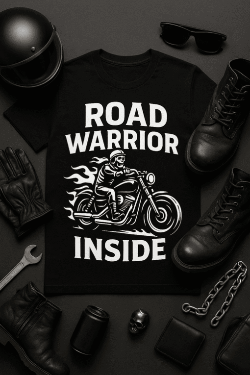 Motorcycle Road Warrior T-shirt, biker lifestyle, rebellious fashion.