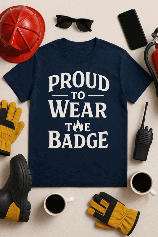Proud to wear the badge T-shirt, firefighter themed apparel for motivational workwear.