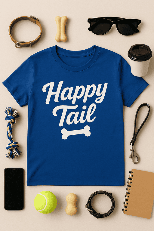 Happy Tail dog shirt, fun pet apparel, canine clothing, dog lover gift, pet accessories, dog T-shirt, dog bones design, casual pet wear.
