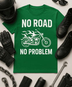 No Road No Problem motorcycle T-shirt with flame graphic for bikers and motorcycle enthusiasts.