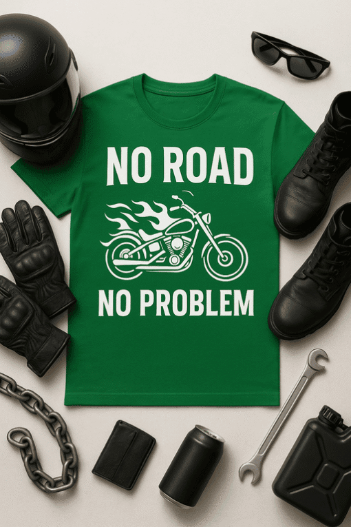 No Road No Problem motorcycle T-shirt with flame graphic for bikers and motorcycle enthusiasts.