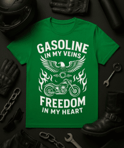 GASOLINE IN MY VEINS T-shirt, motorcycle-themed apparel for bikers and motorcycle enthusiasts.