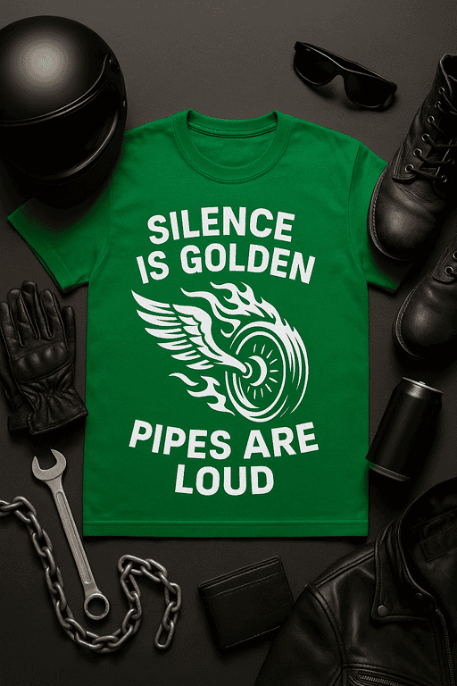 Silence is golden, pipes are loud t-shirt with winged wheel graphic for motorcycle lovers.