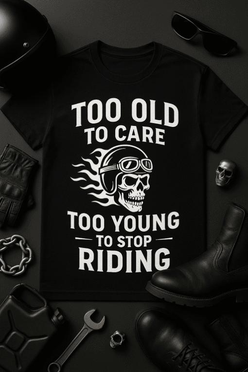 Skull motorcycle t-shirt with racing helmet design for biker enthusiasts and motorcycle lovers.