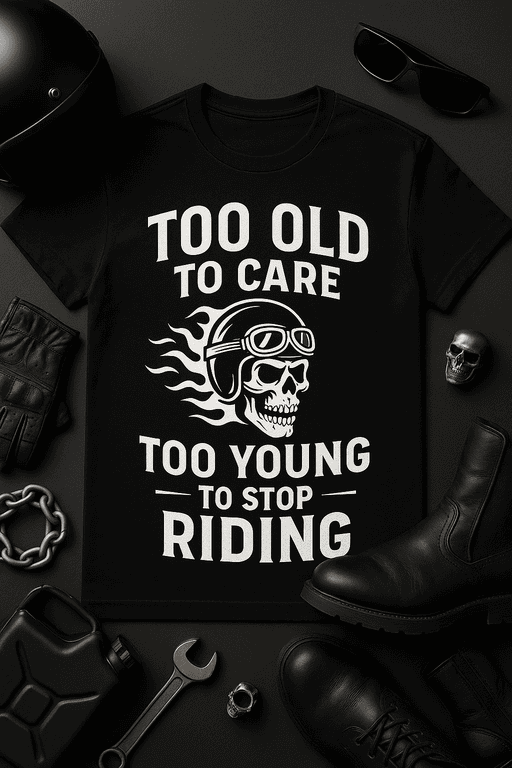 Skull motorcycle t-shirt with racing helmet design for biker enthusiasts and motorcycle lovers.