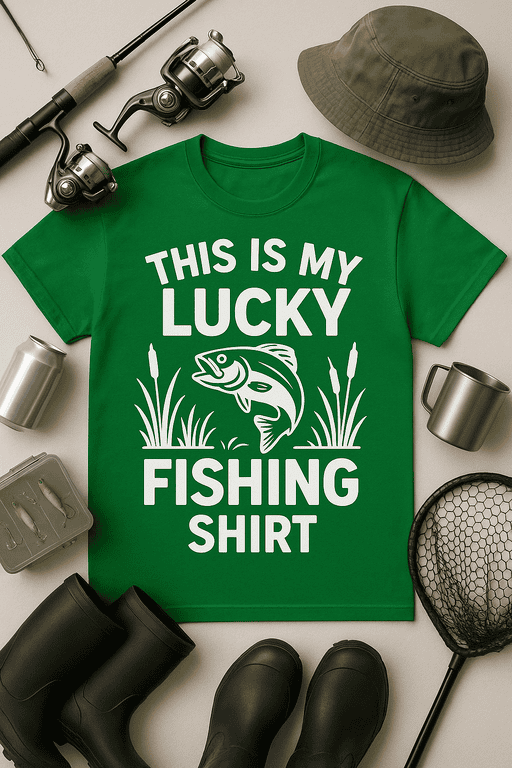 Fishing T-shirt with humorous "This is my lucky fishing shirt" slogan, perfect for anglers and outdoor enthusiasts.