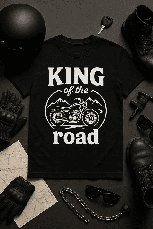 Motorcycle king t-shirt with mountain design, perfect for road trip enthusiasts.
