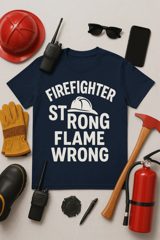Firefighter themed T-shirt with safety tools and equipment, perfect for fire department and firefighter pride.