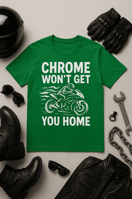 Chrome motorcycle humor t-shirt, funny biking gift, casual men's summer wear, unique graphic tee.