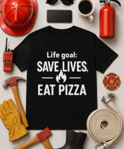 Firefighter helmet and gear, pizza t-shirt, rescue tools, fire department badge, coffee mug, sunglasses, and phone for fire rescue themed apparel and accessories.