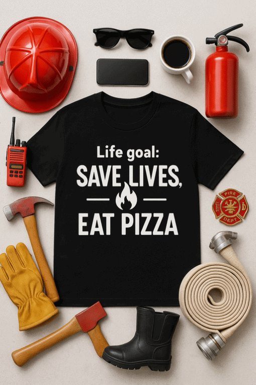 Firefighter helmet and gear, pizza t-shirt, rescue tools, fire department badge, coffee mug, sunglasses, and phone for fire rescue themed apparel and accessories.