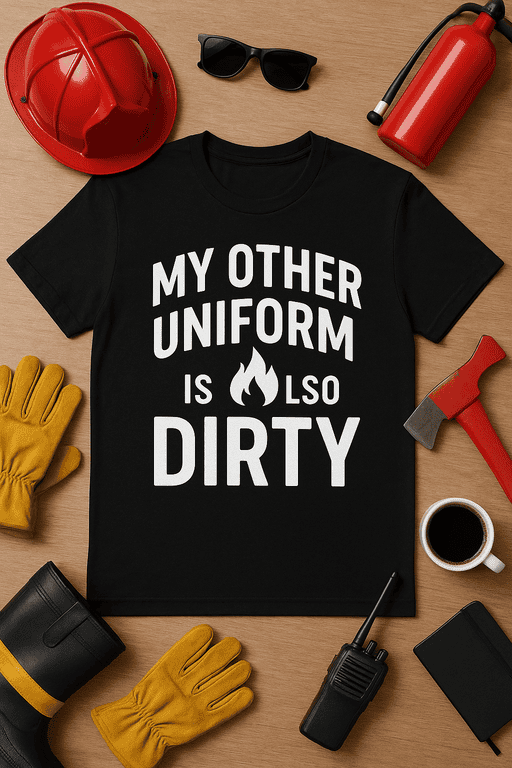 Red firefighter helmet, gloves, axe, and coffee cup surround black T-shirt with humorous text. Perfect for workwear or casual wear.