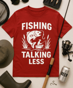 1. Fishing t-shirt with humorous "Talking Less" design, perfect for anglers.