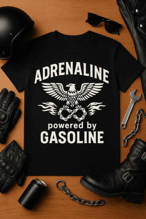 Adrenaline powered by gasoline T-shirt, motorcycle biker gift idea.