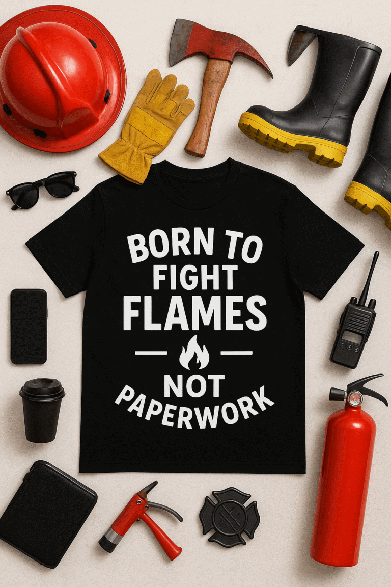 Firefighter T-shirt with motivational quote "Born to Fight Flames, Not Paperwork" for fire rescue heroes.