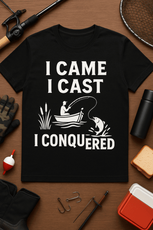 Fishing T-shirt with humorous "I Came I Cast I Conquered" slogan for outdoor enthusiasts and anglers.