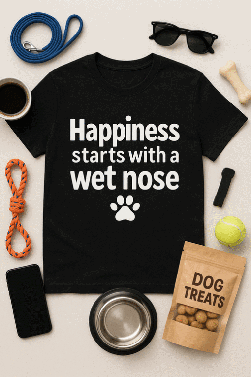 Happiness starts with a wet nose dog lover T-shirt, funny pet owner casual tee for dog enthusiasts.