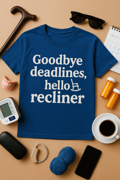 Relaxing-themed blue T-shirt with funny slogan and rocking chair illustration, casual wear for stress relief and humor.