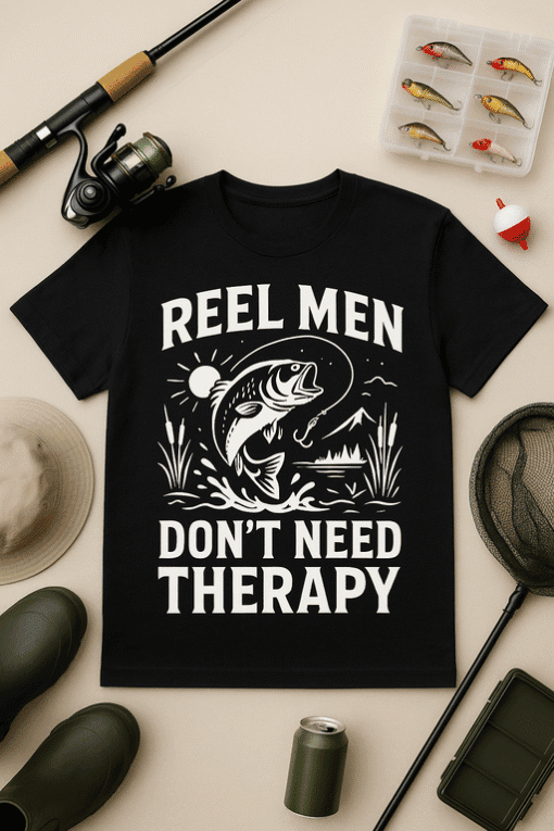 Reel Men Don't Need Therapy fishing T-shirt for men.