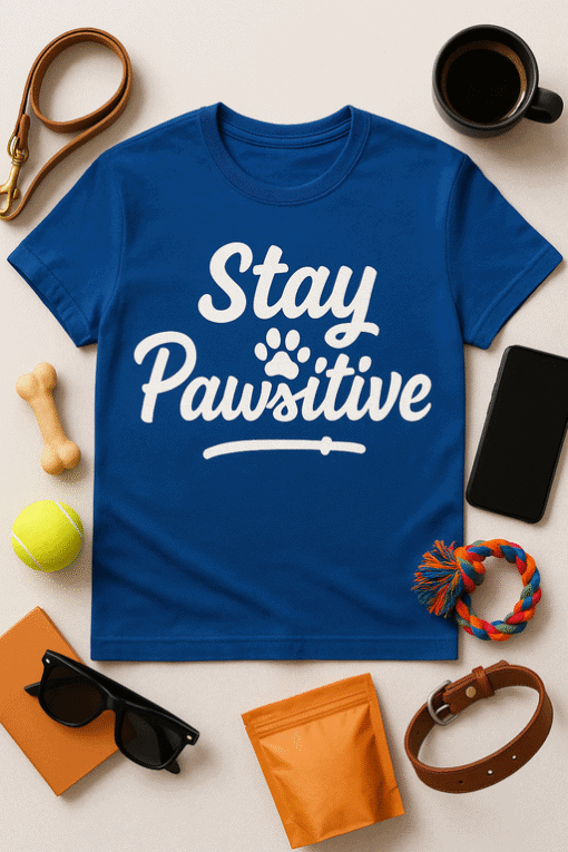 Stay Pawsitive dog t-shirt, fun pet humor graphic tee for dog lovers and pet owners.