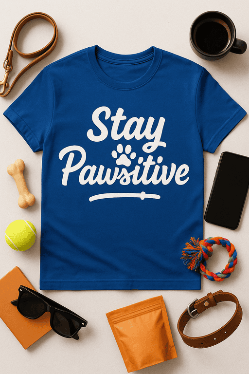 Stay Pawsitive dog t-shirt, fun pet humor graphic tee for dog lovers and pet owners.