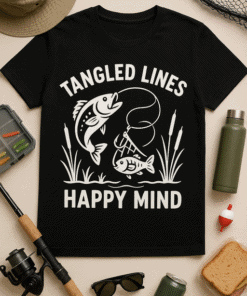 1. Fish-themed black T-shirt with "Tangled Lines Happy Mind" slogan, perfect for fishing lovers.