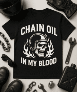 Black graphic T-shirt with skull and flames design, biker style, motorcycle enthusiast tee.