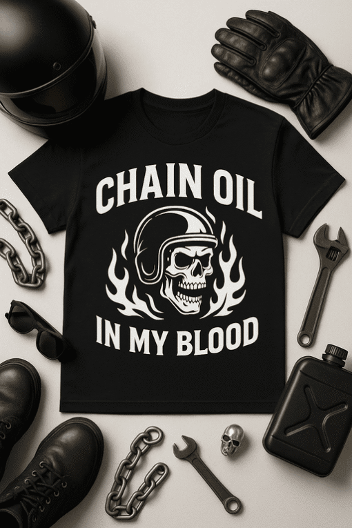 Black graphic T-shirt with skull and flames design, biker style, motorcycle enthusiast tee.