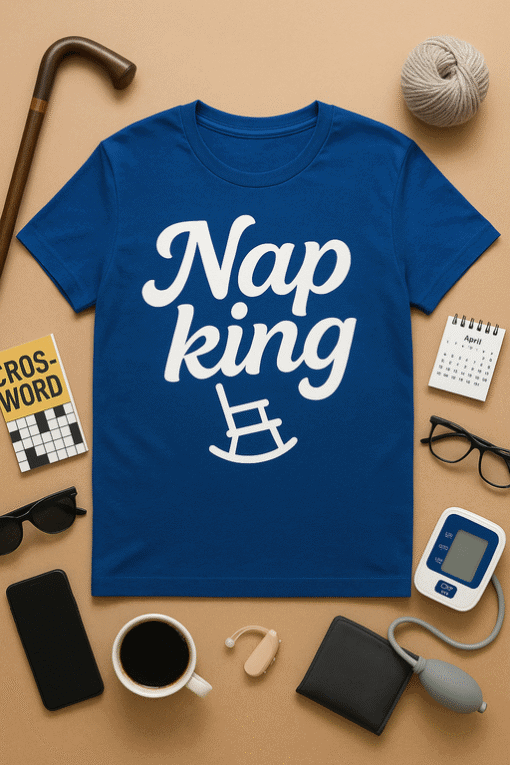Comfortable nap king t-shirt with rocking chair graphic, perfect for sleep and relaxation enthusiasts.