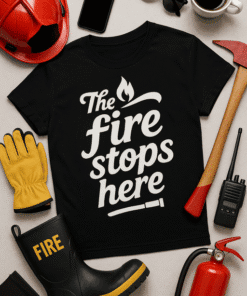 Fire stop safety T-shirt for firefighters and safety enthusiasts.